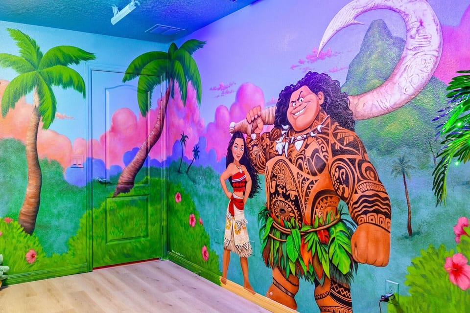 Four queen tiki hut beds, black light magic murals, a rope bridge adventure, and a slide to the game room! Maui, Moana, and Kakamora (coconut creature) fun. Play & sleep in paradise!