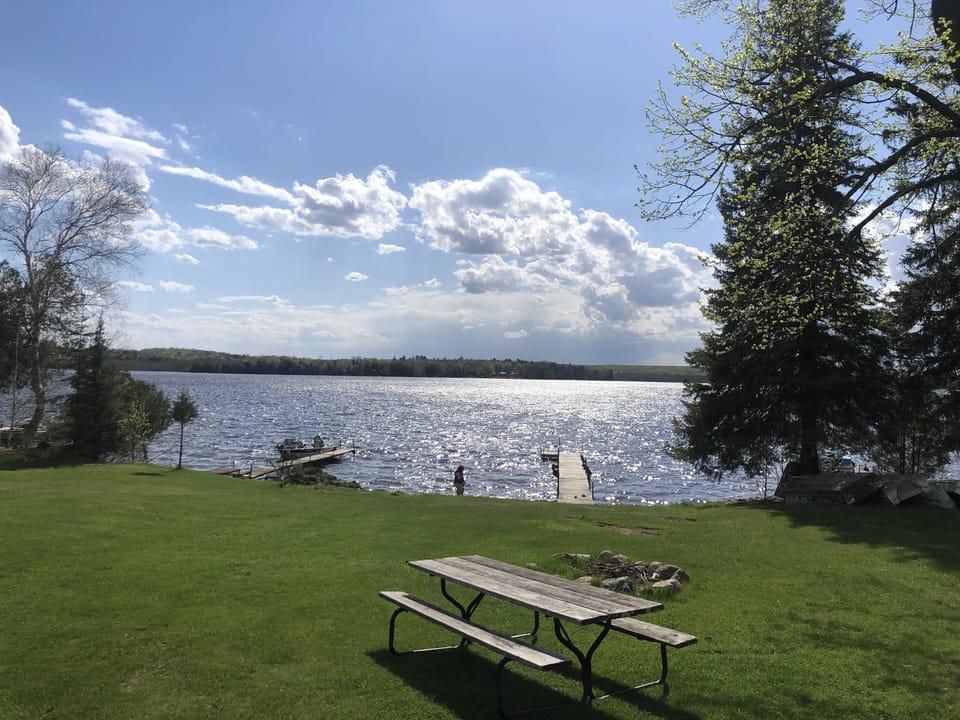 View from cabin 1 showcases the large yard and water frontage