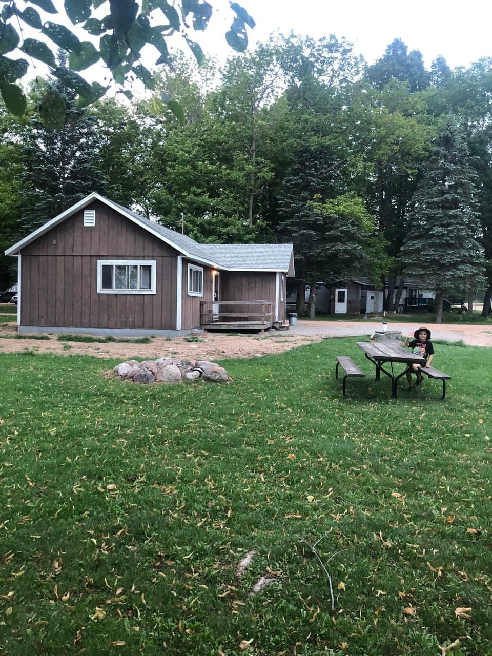 Exterior view from behind cabin showcases the picnic table and firepit
