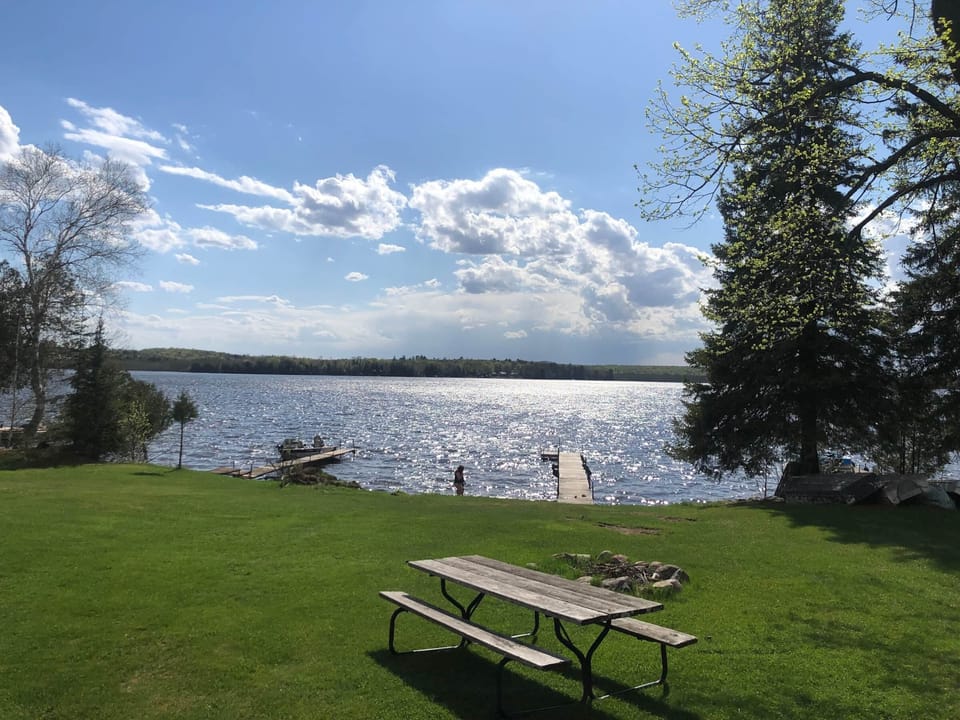 Hundreds of feet of lake frontage with a picnic table and fire pit for each cabin