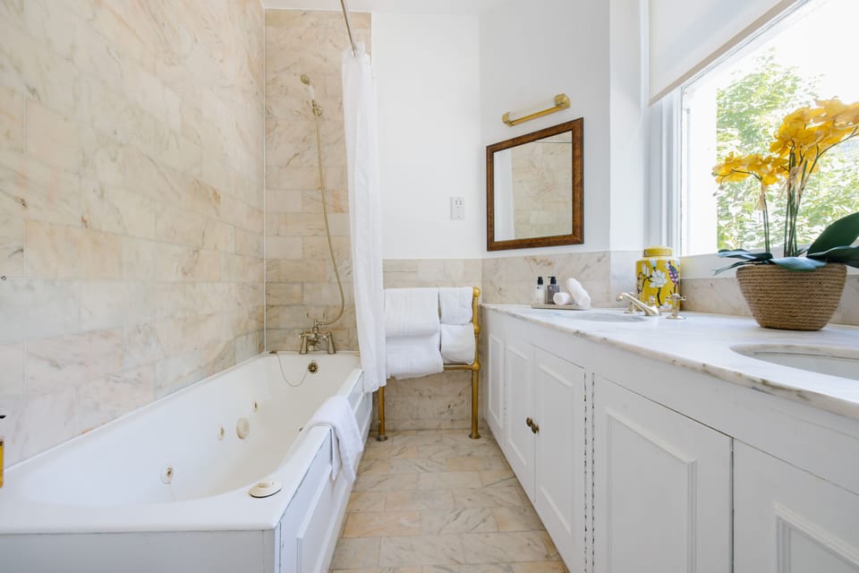 Combined shower/tub, jetted tub, free toiletries, hair dryer