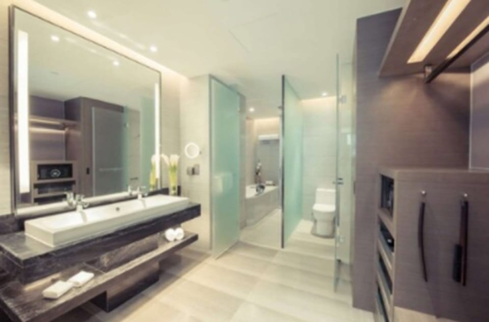 Separate tub and shower, rainfall showerhead, designer toiletries