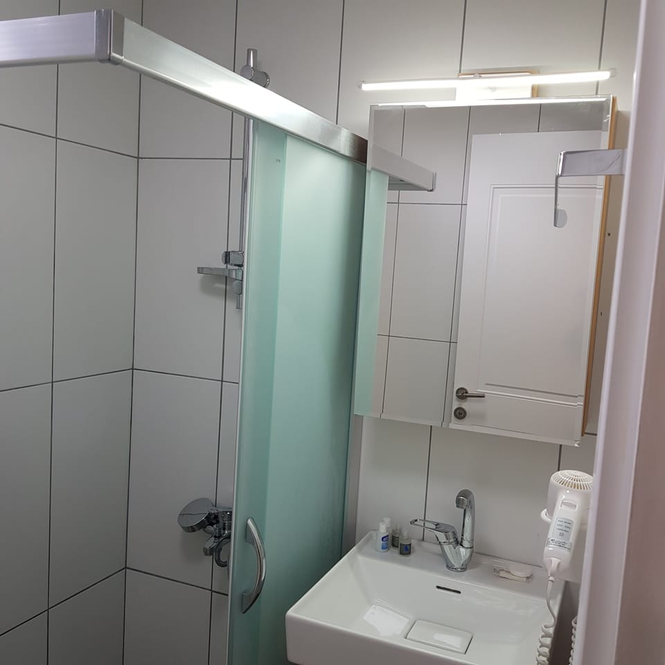 Combined shower/tub, rainfall showerhead, free toiletries, hair dryer