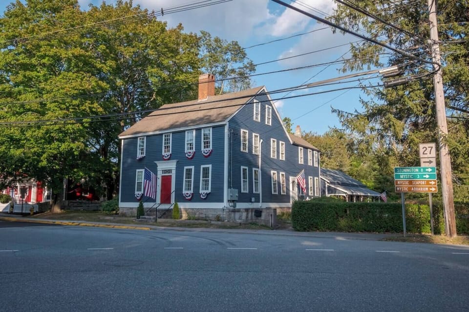 Historic center chimney colonial dressed up in lovely bunting flags! 
