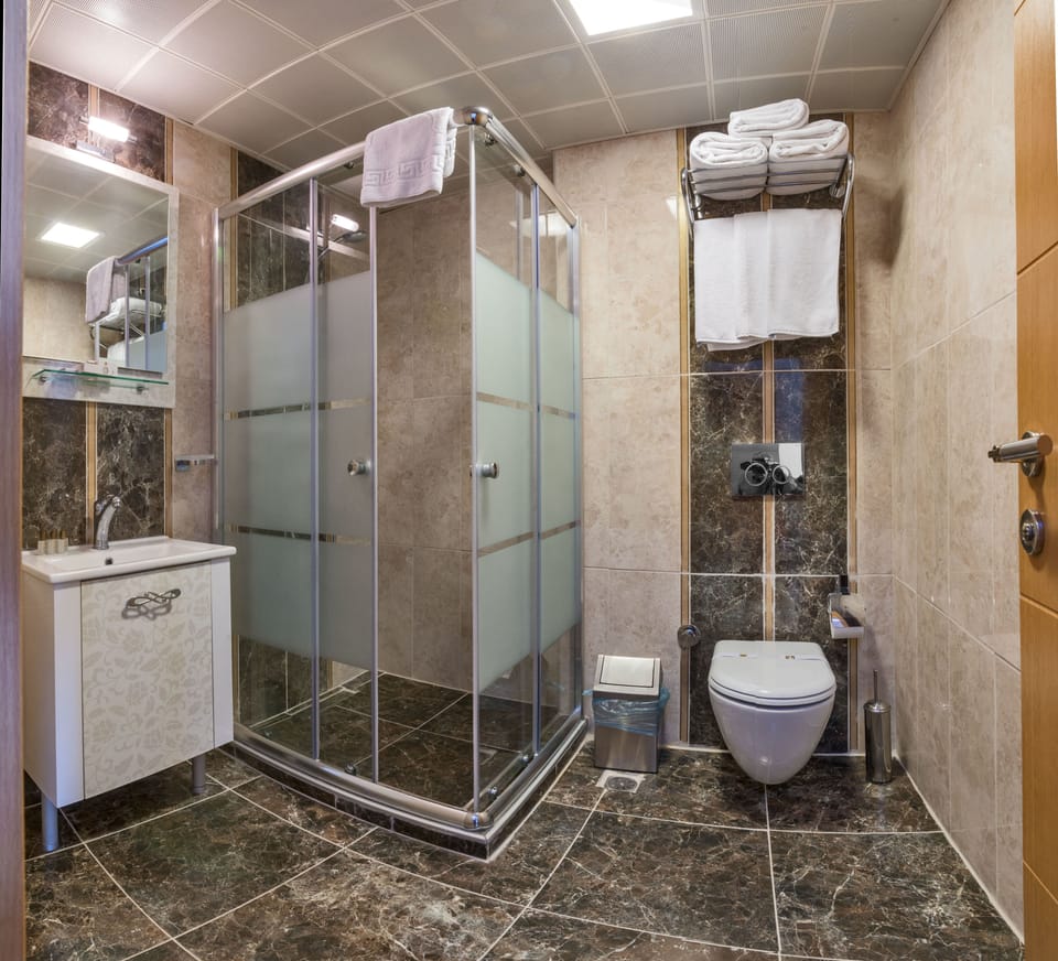 Shower, hair dryer, slippers, towels