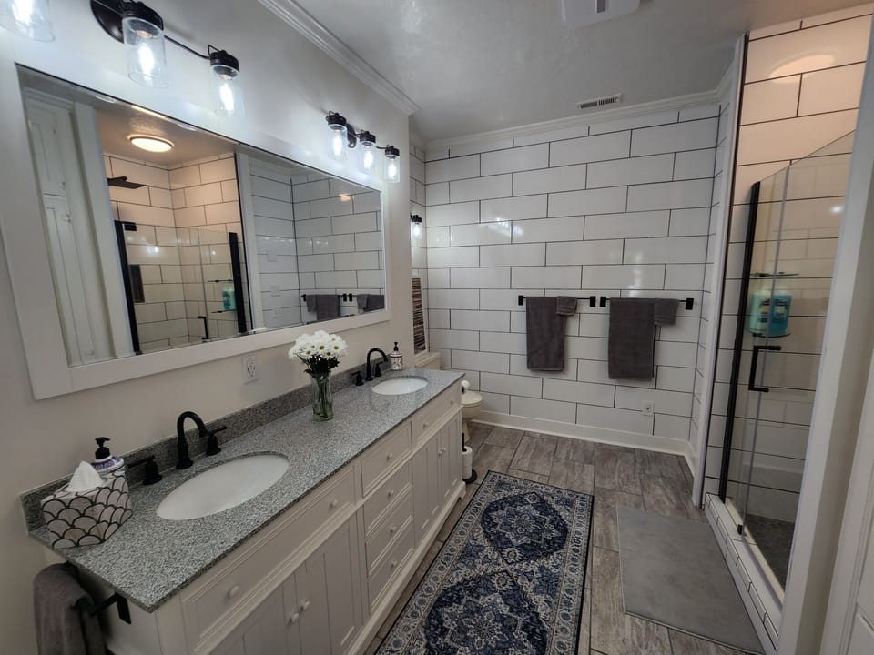 Hall bath is huge, with shower and great lighting. 