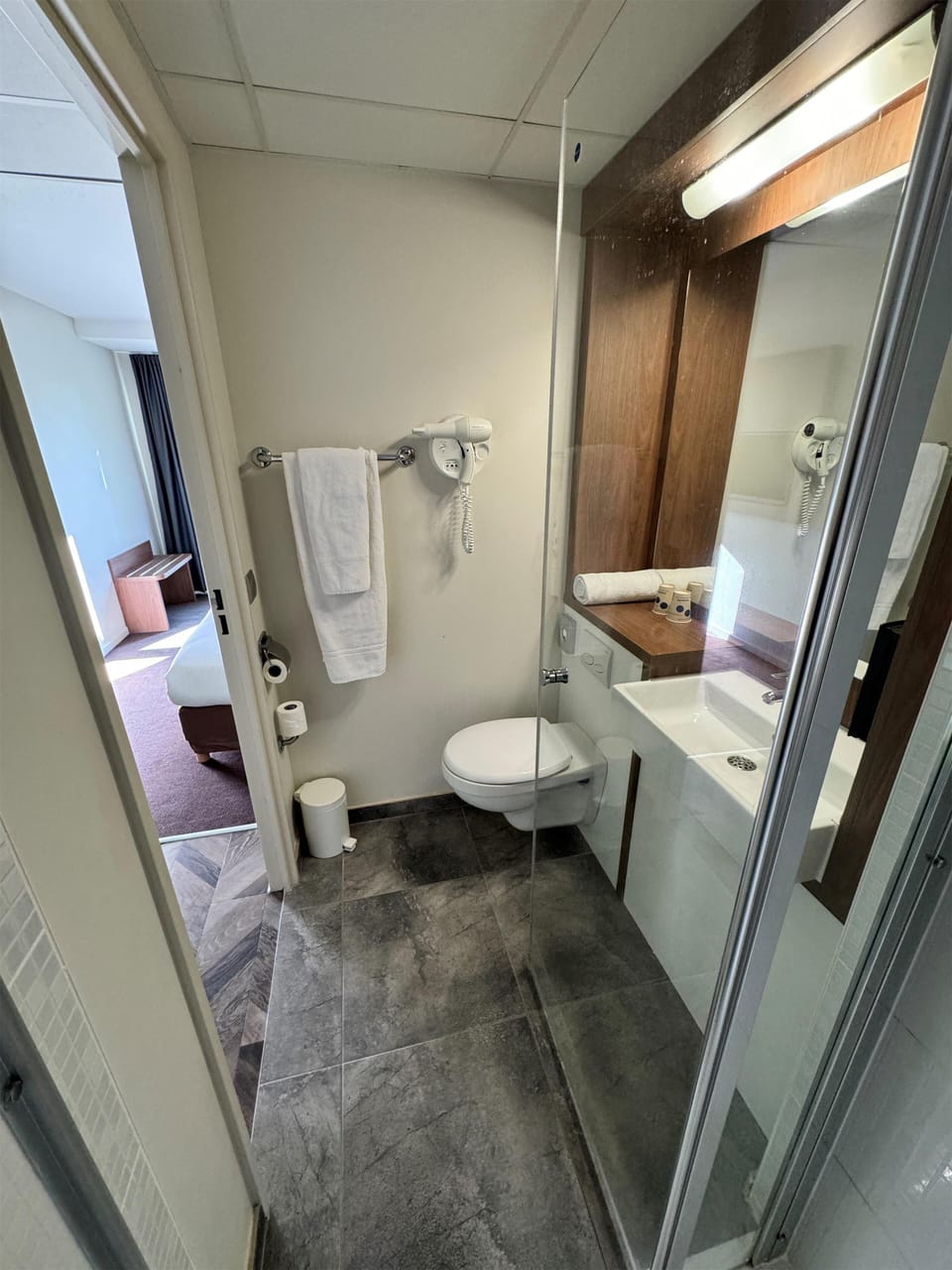 Shower, eco-friendly toiletries, hair dryer, towels