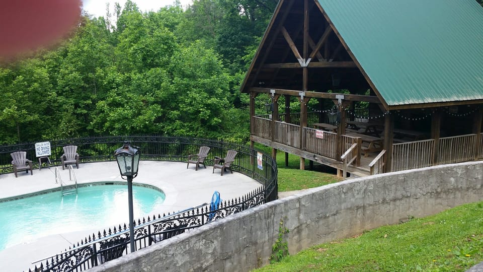 pool and pavilion, just steps from cabin