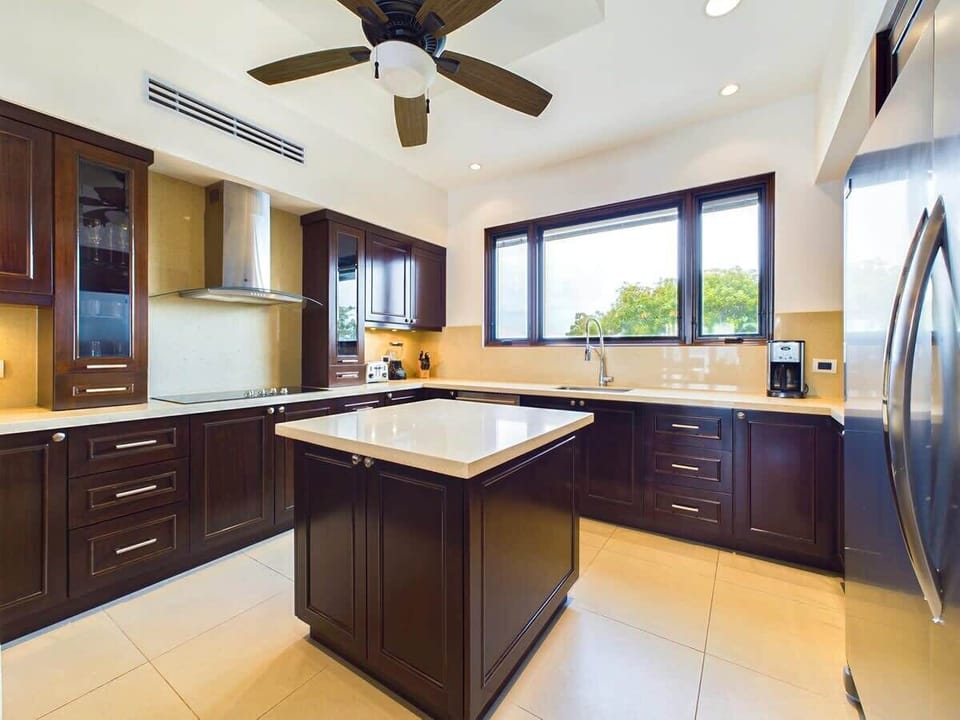 Open kitchen, stainless steel appliances