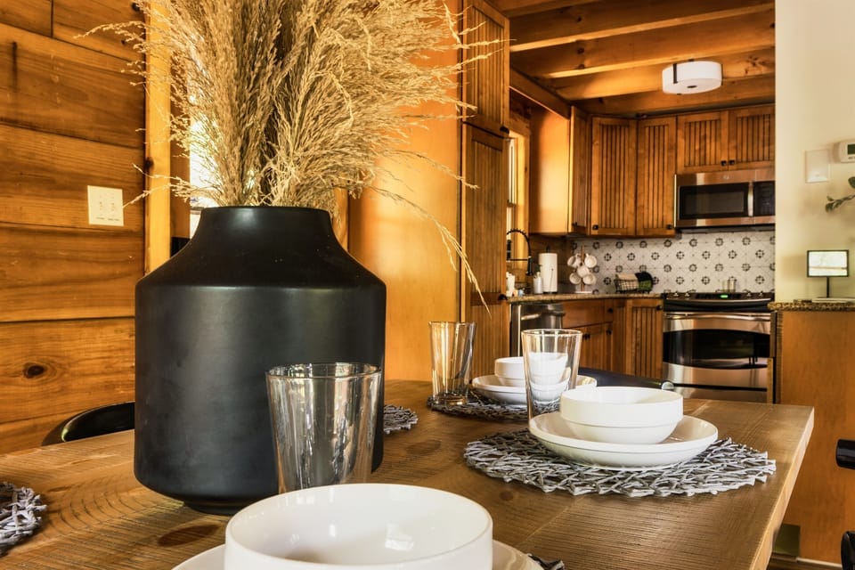 Take out or cook out. Our kitchen is well stocked with what you need to prepare meals inside the cabin.