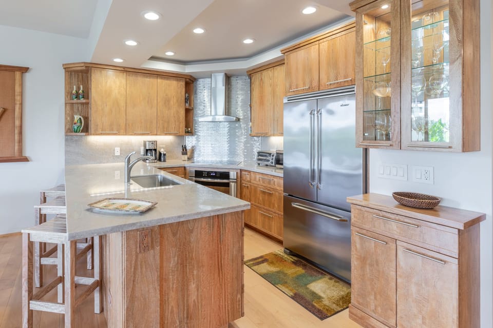 Kitchen is well stocked with many extras.