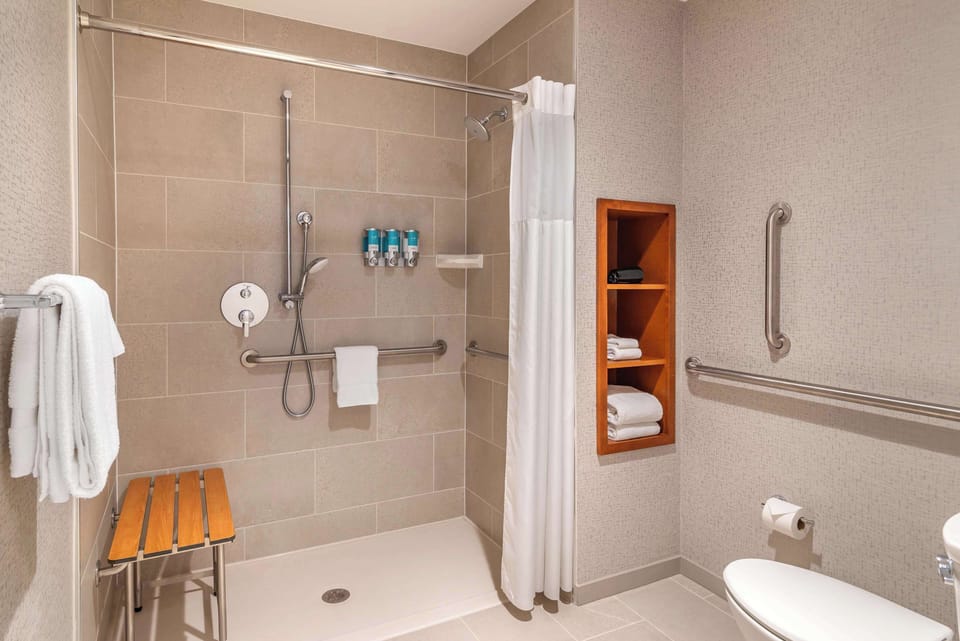 Room, 1 King Bed, Accessible (Roll in Shower) | Bathroom | Combined shower/tub, eco-friendly toiletries, hair dryer, towels