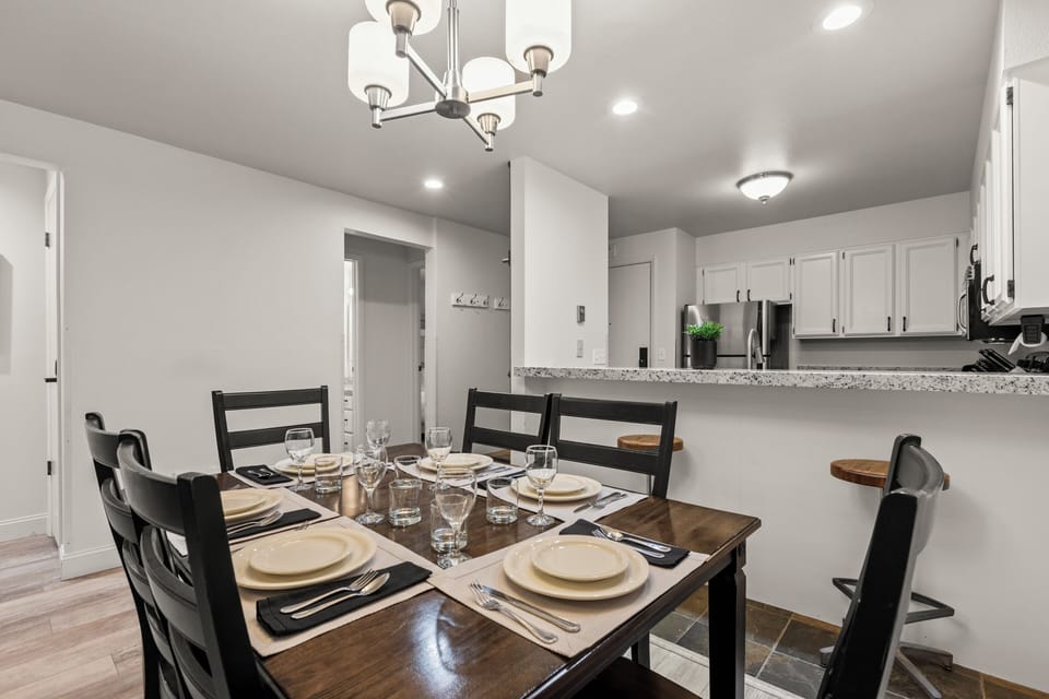 The dining table offers seating for 6 guests.