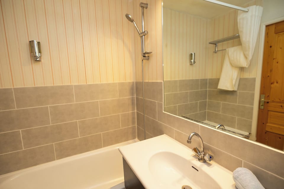 Combined shower/tub, free toiletries, hair dryer, towels