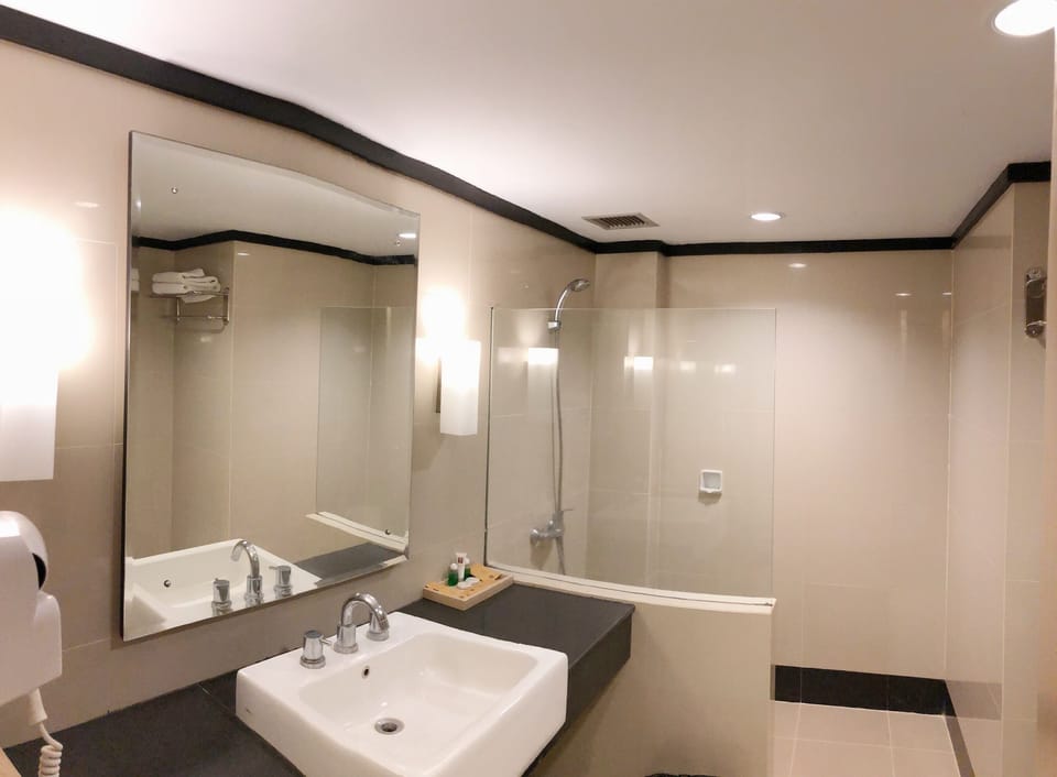 Combined shower/tub, free toiletries, hair dryer, slippers