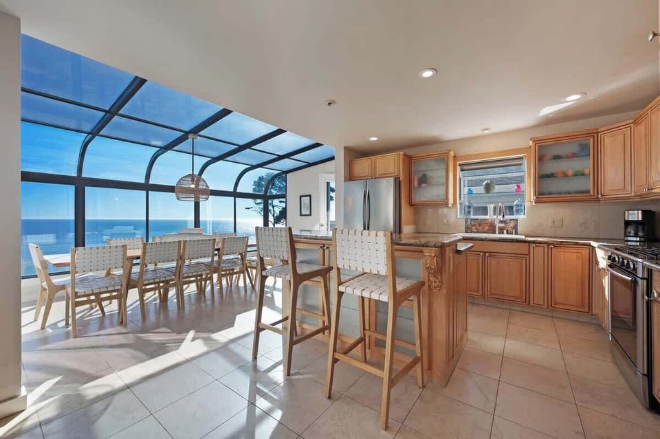 The large kitchen and dining room provide panoramic ocean views for the whole crew