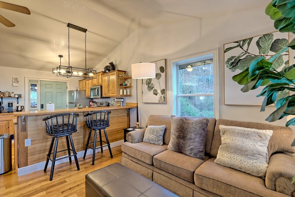 Bar seating and sofa.