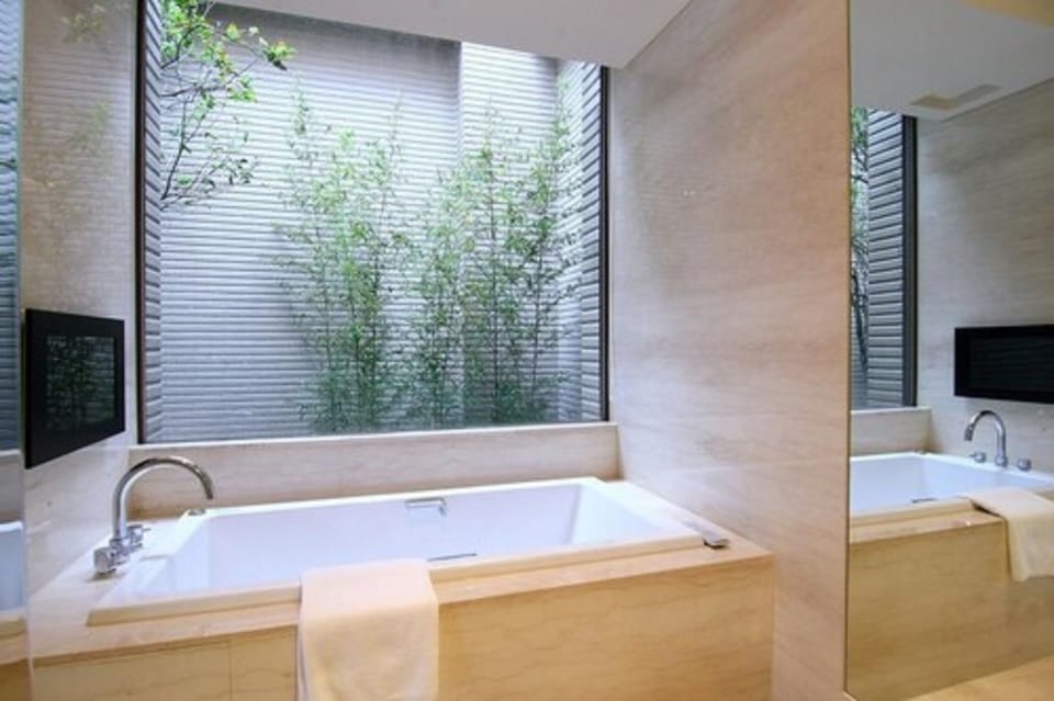 Separate tub and shower, deep soaking tub, hydromassage showerhead