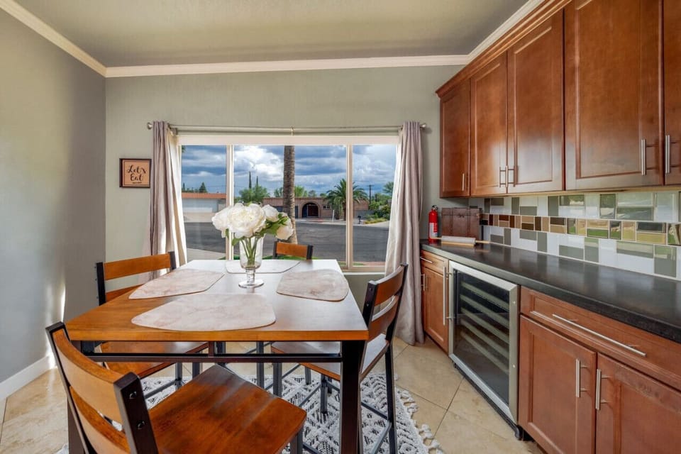 Updated kitchen and sunny dining nook — coffee with a view out the window