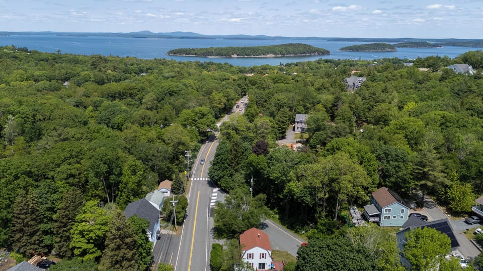Aerial view of Bar Harbor House adjacent to the historic Kebo Valley Gold Course