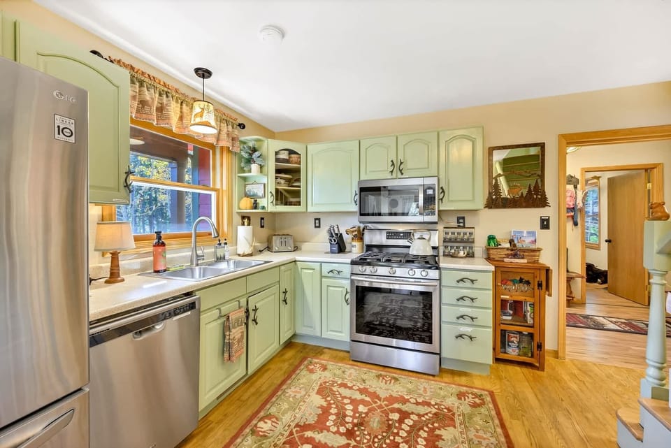 The wide-open kitchen space is ideal for easy meal preparation.