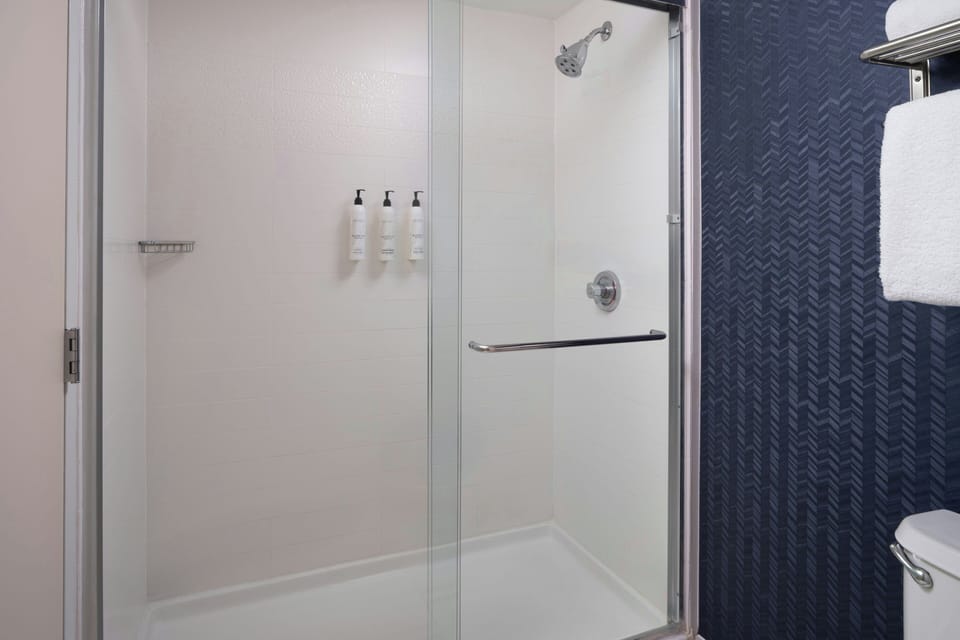 Combined shower/tub, free toiletries, hair dryer, towels