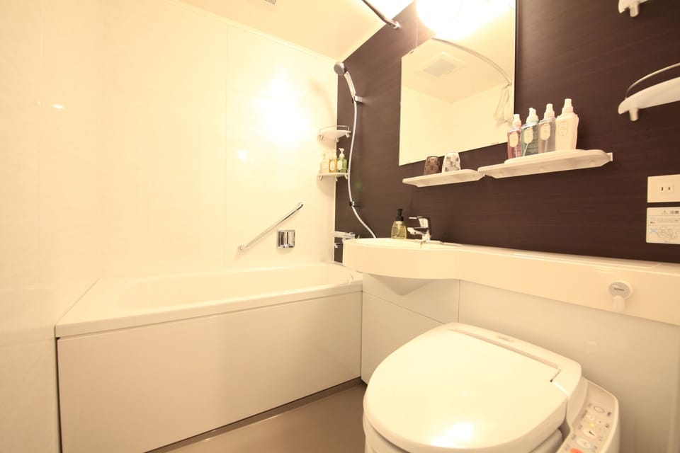 Combined shower/tub, free toiletries, hair dryer, slippers