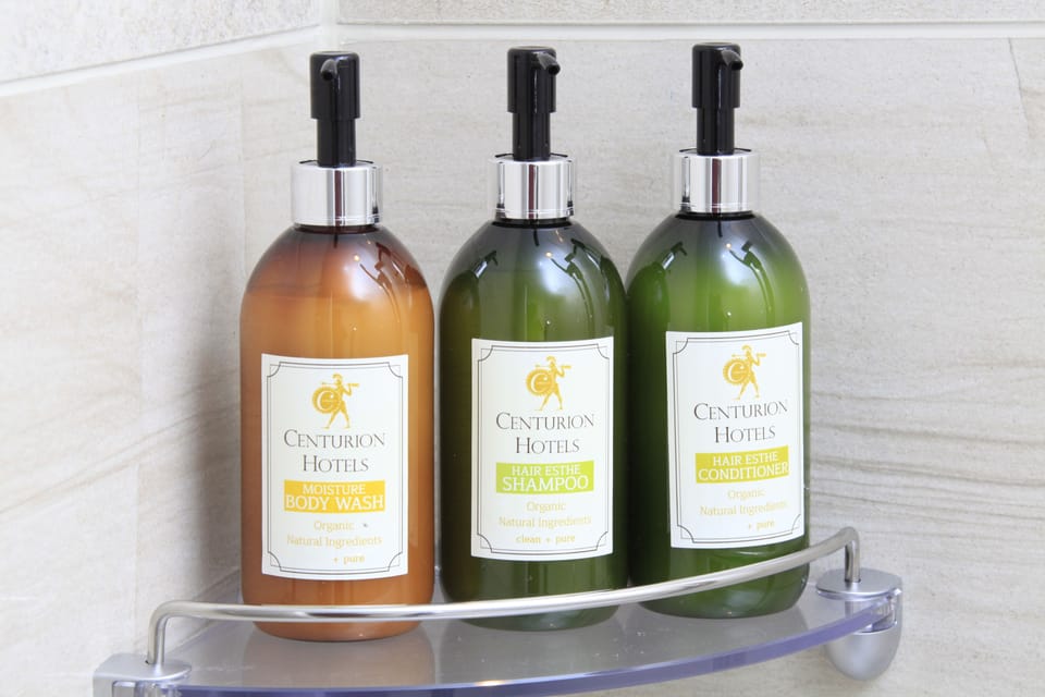 Combined shower/tub, free toiletries, hair dryer, slippers