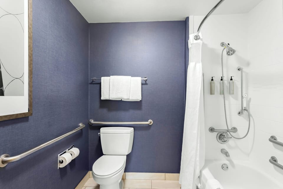 Combined shower/tub, free toiletries, hair dryer, towels