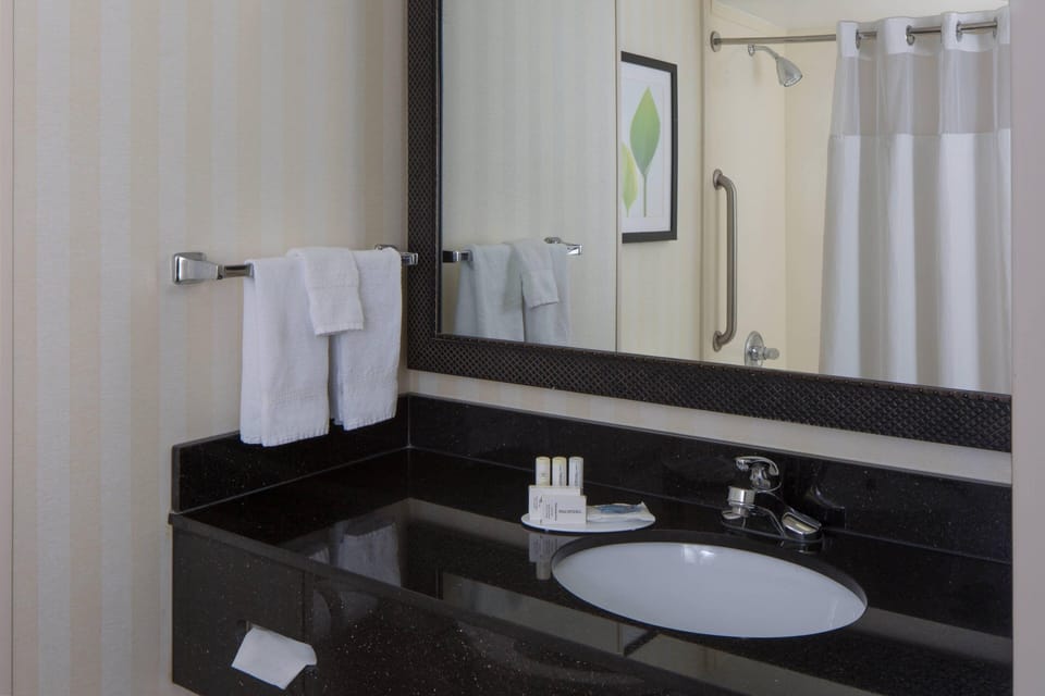Combined shower/tub, free toiletries, hair dryer, towels