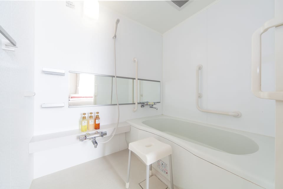 Combined shower/tub, free toiletries, hair dryer, slippers
