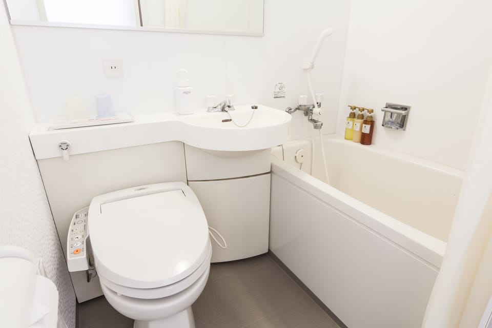 Combined shower/tub, free toiletries, hair dryer, slippers