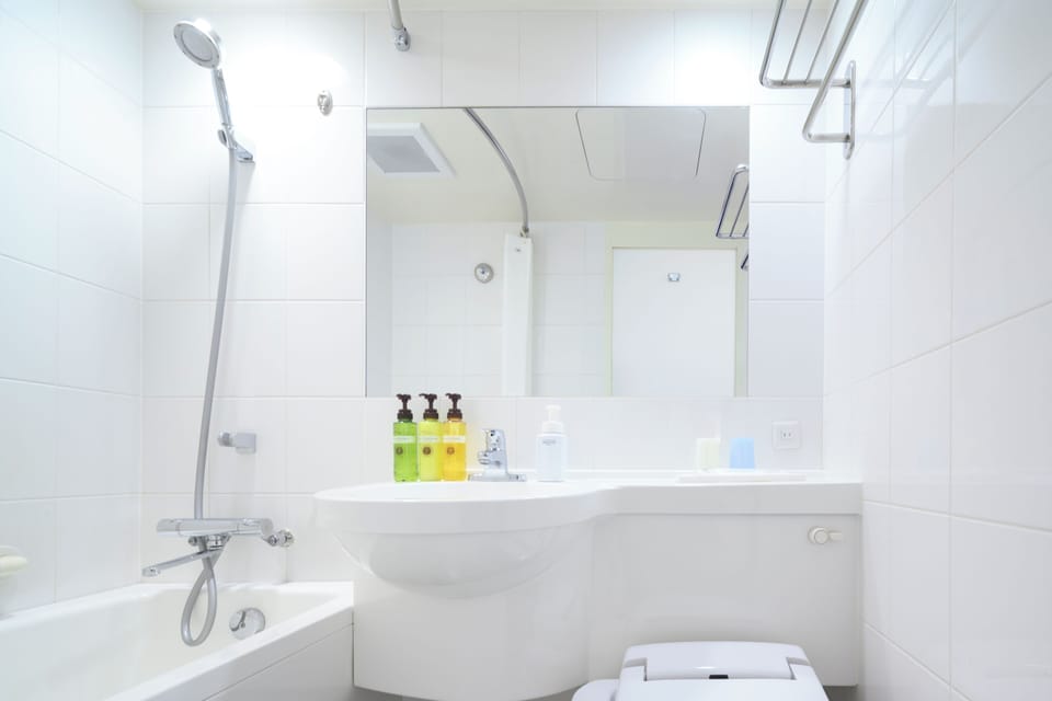 Combined shower/tub, free toiletries, hair dryer, slippers