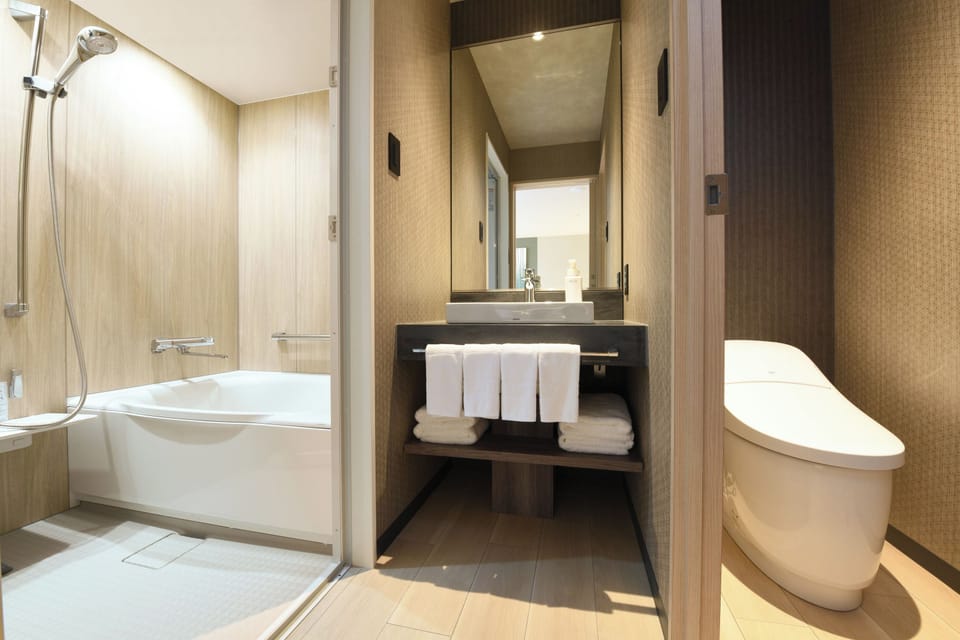 Combined shower/tub, free toiletries, hair dryer, slippers
