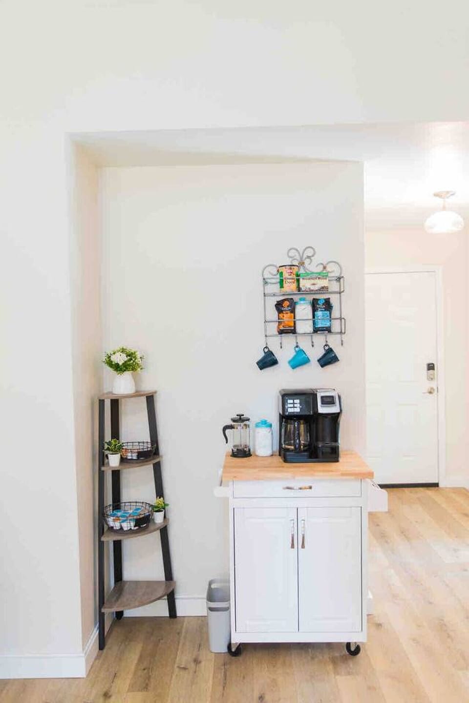 The coffee bar has all you need to brew a pot, a k-cup, or french press, if you prefer.