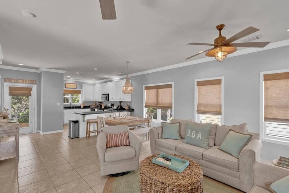 Spacious downstairs, with open concept between living room, dining area and oversized kitchen. 