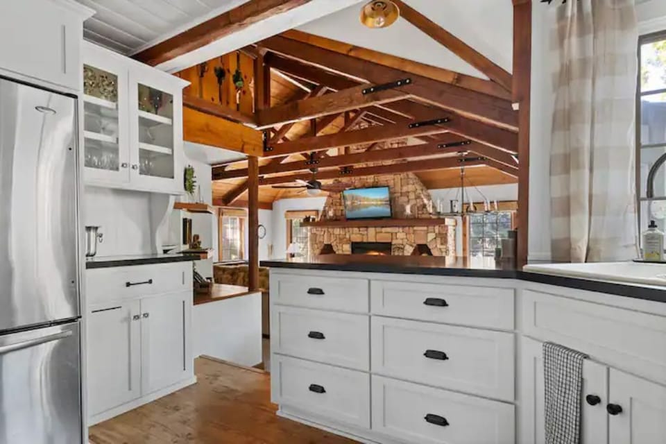 Soft Close Cabinets in Kitchen and view to Fireplace