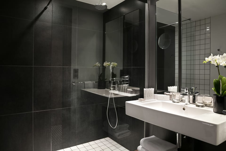 Shower, rainfall showerhead, eco-friendly toiletries, hair dryer