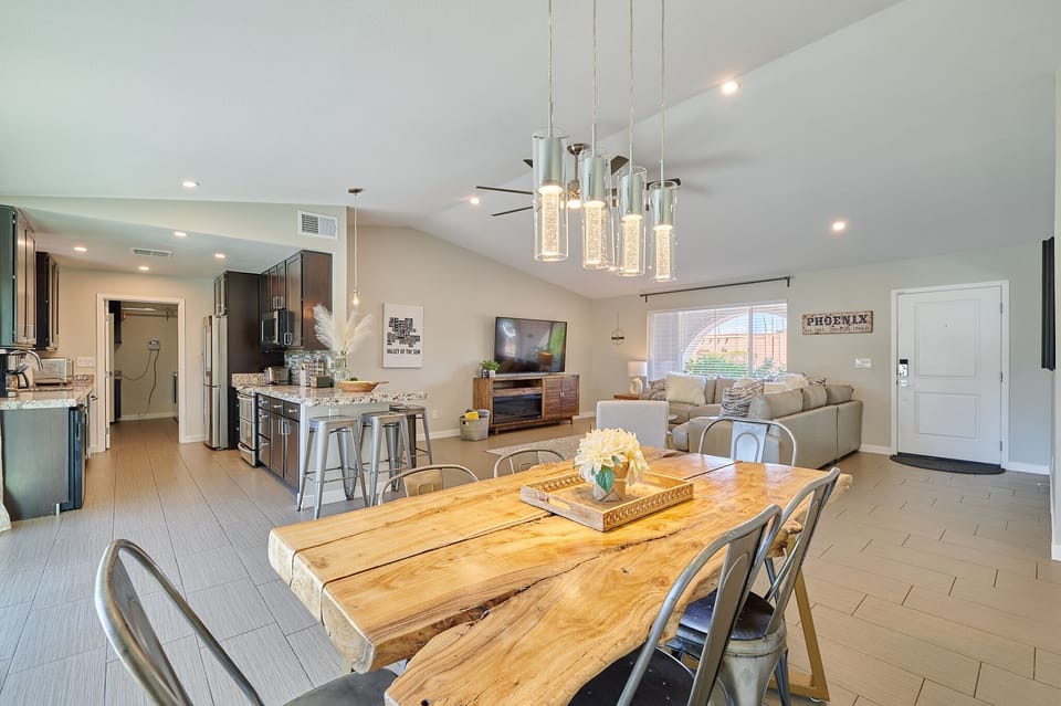 Custom crafted dining table with comfortable seating for up to 7.