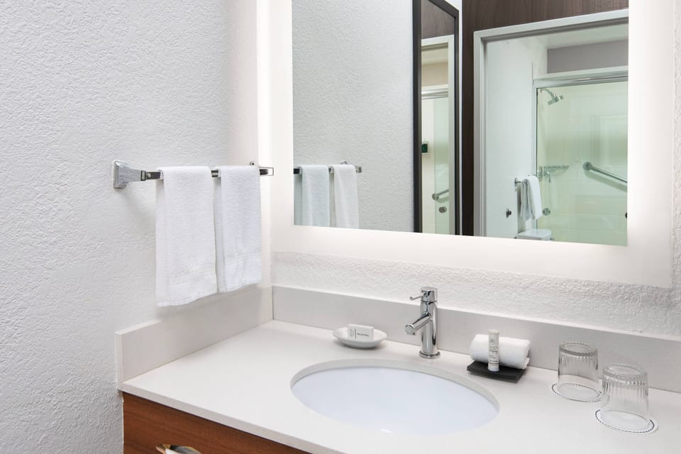 Combined shower/tub, free toiletries, hair dryer, towels