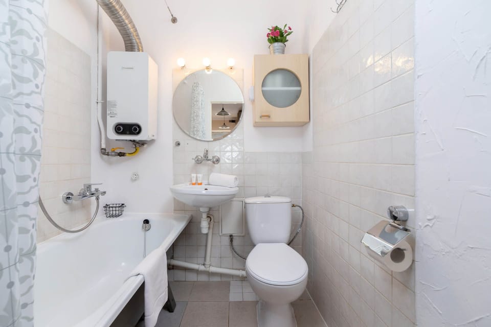A compact, clean bathroom with white tiles, a mirror, and essential fixtures.
