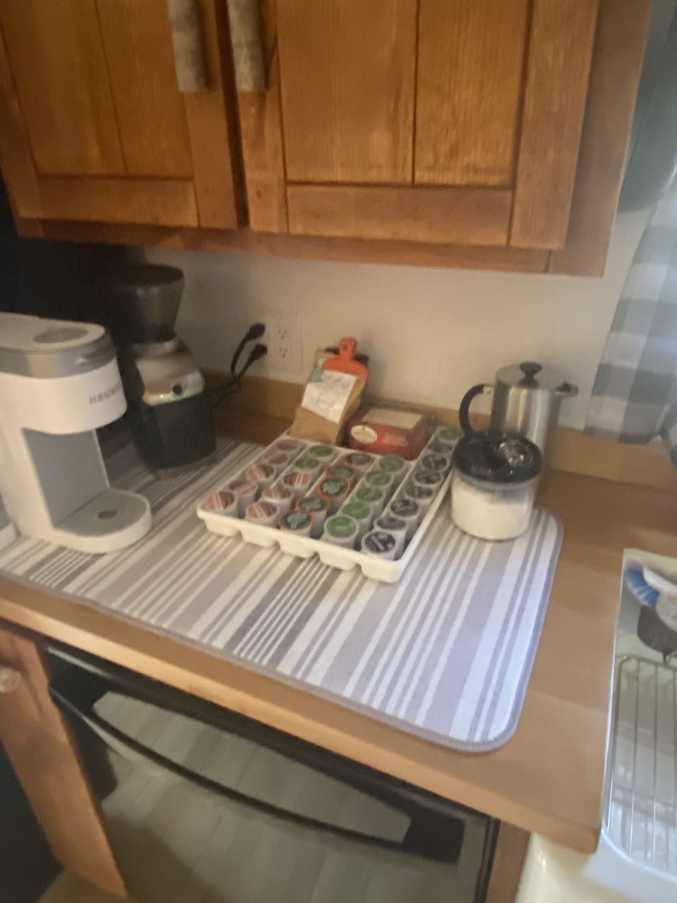 Keurig coffee maker, coffee grinder and French press
