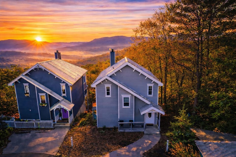 Aerial sunrise photo of our chalet with gorgeous views and G-Burg down below!