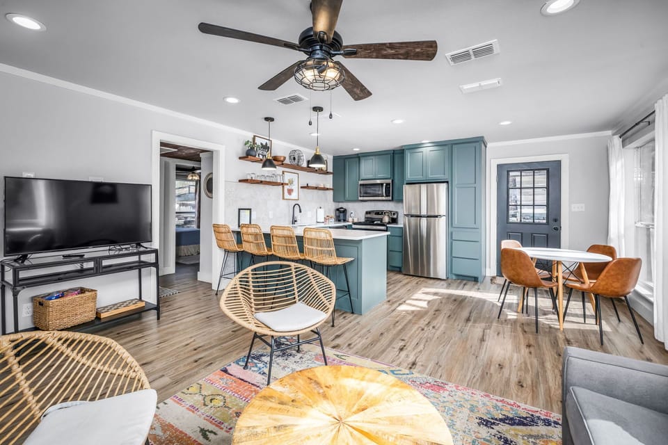 Bright open space for cooking, dining, and relaxing.