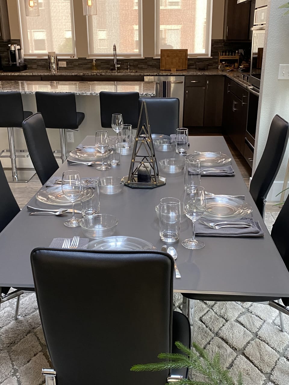 Table setting for 6 shown. Enough space and kitchenware for 9. 