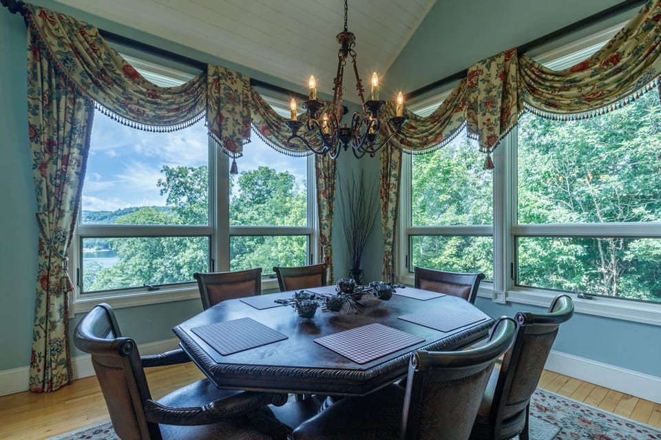 Dining room overlooking Lake Glenville and the mountains
