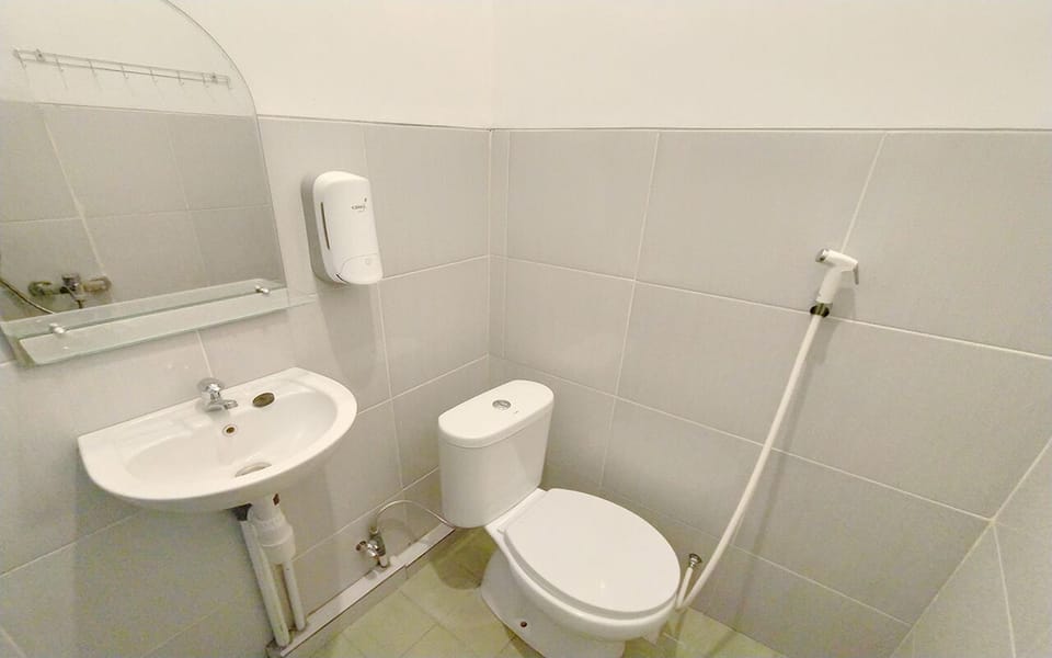 Shower, rainfall showerhead, bathrobes, towels