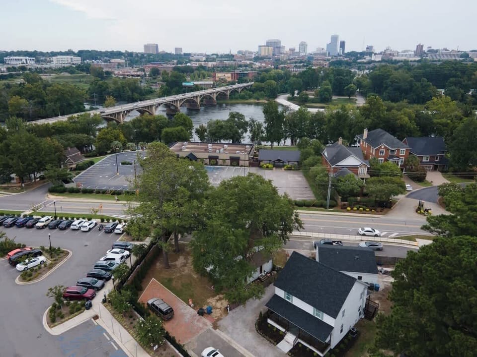 Aerial view of the home just over the Gervais Street Bridge and Downtown Columbia