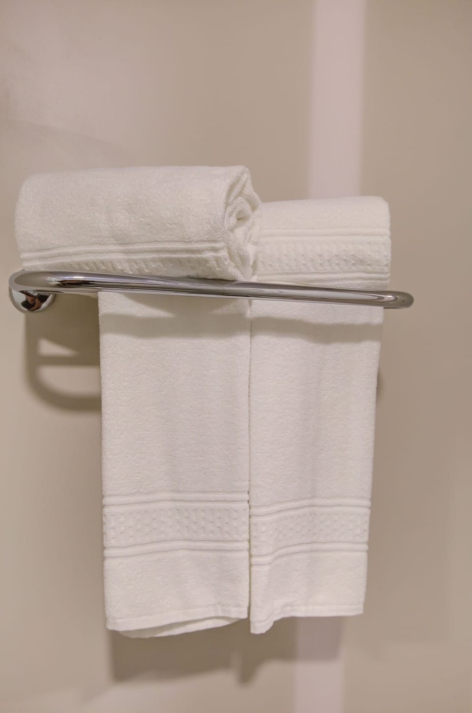 Shower, rainfall showerhead, towels, soap