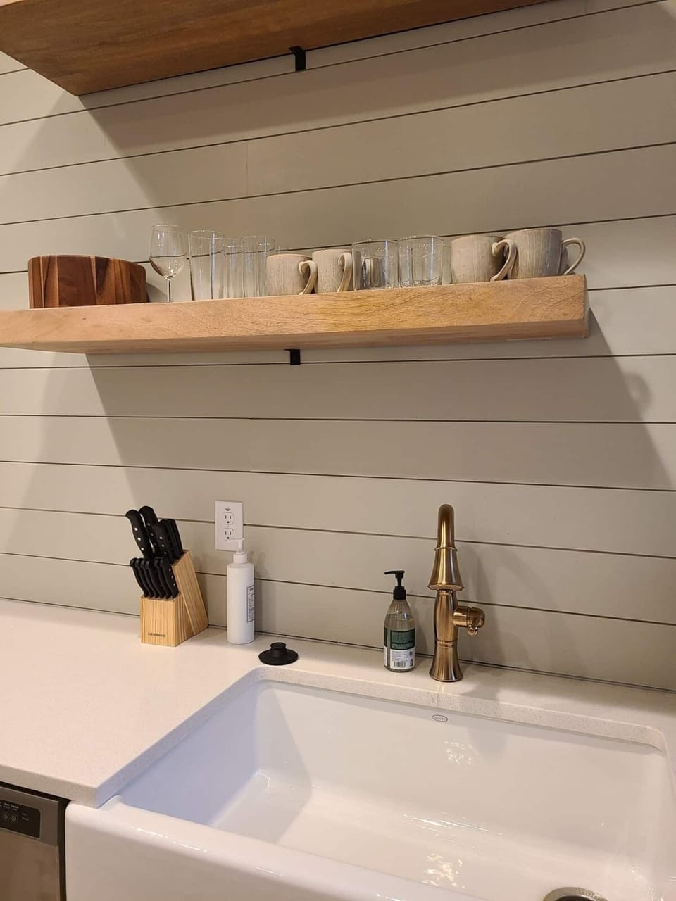 new farmhouse sink, ship lap and open shelves